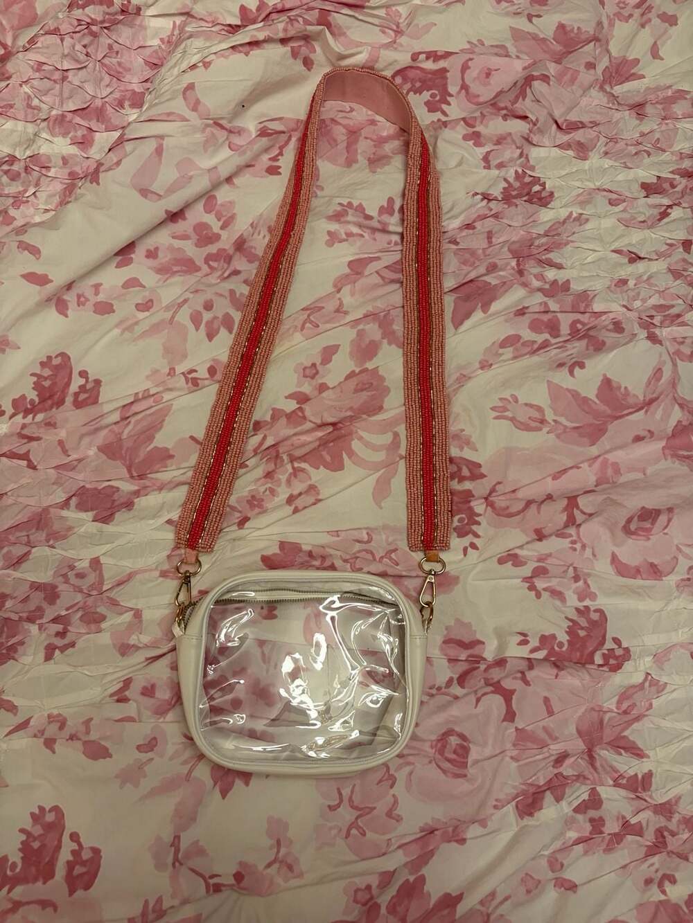 Clear Crossbody Stadium Bag with Pink Beaded Guitar Strap